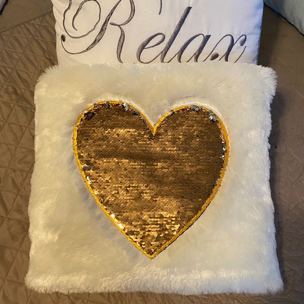 "Sequined Heart" & Embroidered "Relax" Throw Pillows